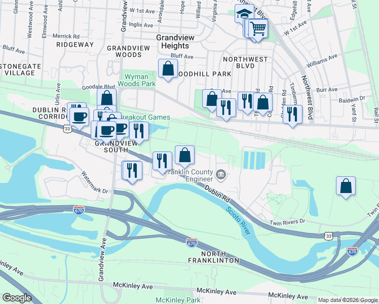 map of restaurants, bars, coffee shops, grocery stores, and more near 1014 Dublin Road in Columbus