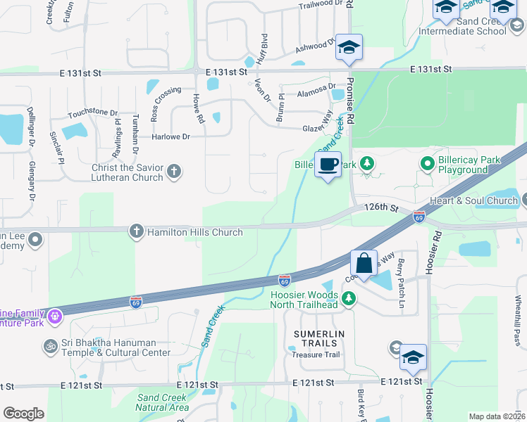 map of restaurants, bars, coffee shops, grocery stores, and more near 10550 East 126th Street in Fishers