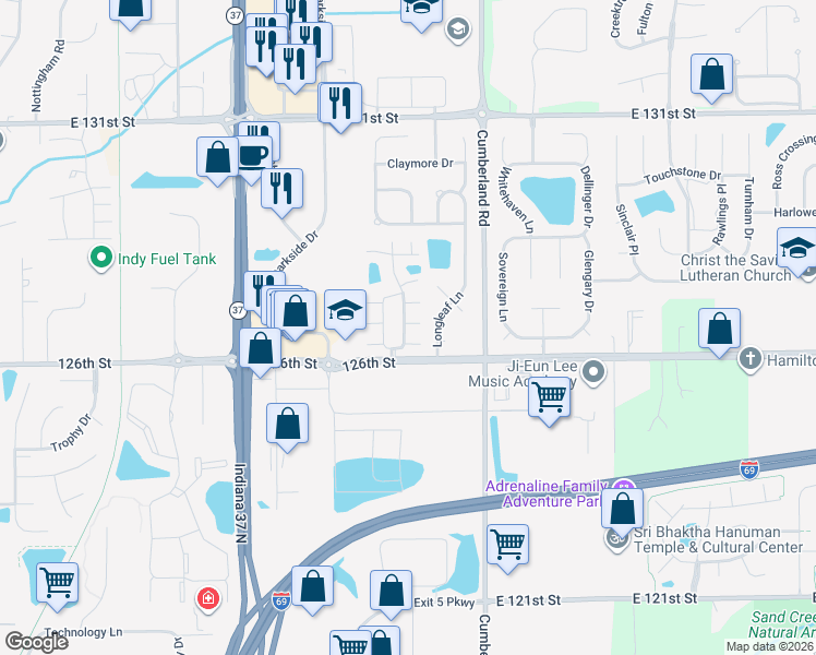 map of restaurants, bars, coffee shops, grocery stores, and more near 12630 Longleaf Lane in Fishers