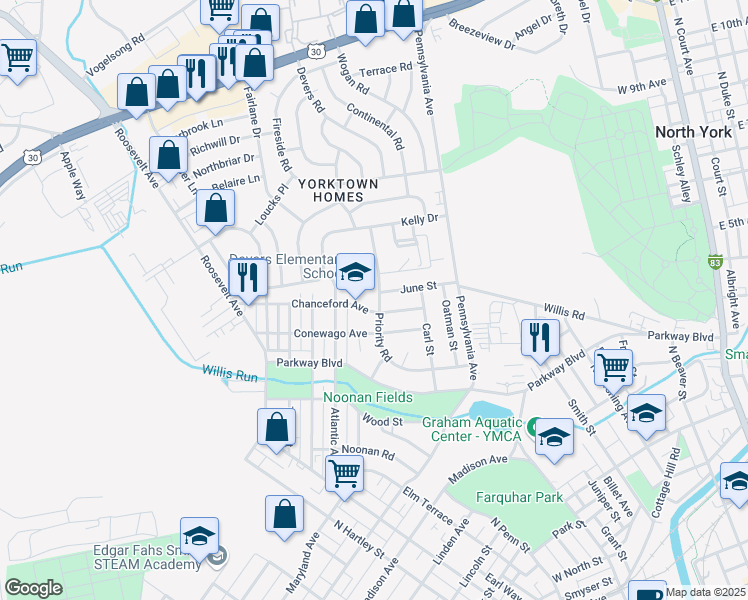 map of restaurants, bars, coffee shops, grocery stores, and more near 801 Chanceford Avenue in York