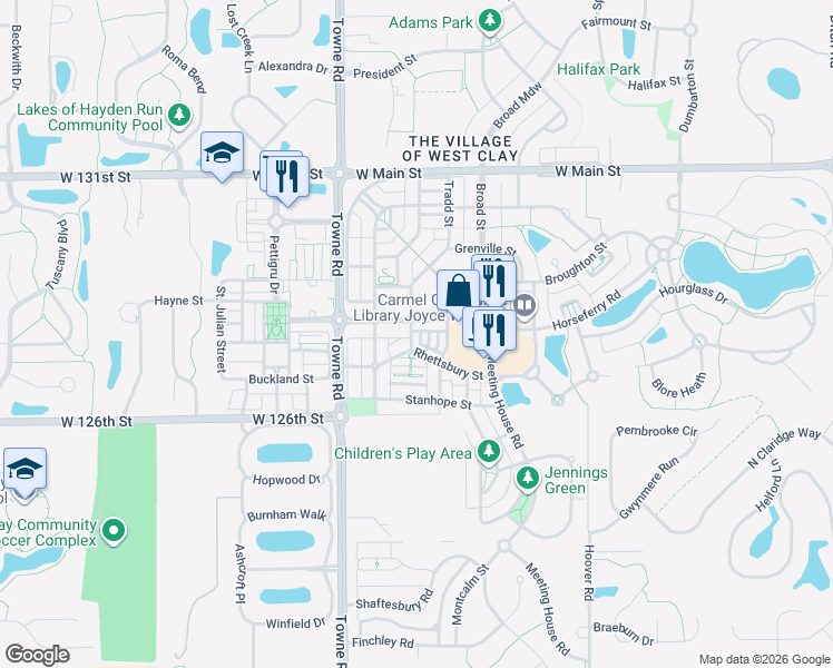 map of restaurants, bars, coffee shops, grocery stores, and more near 2000 Rhettsbury Street in Carmel