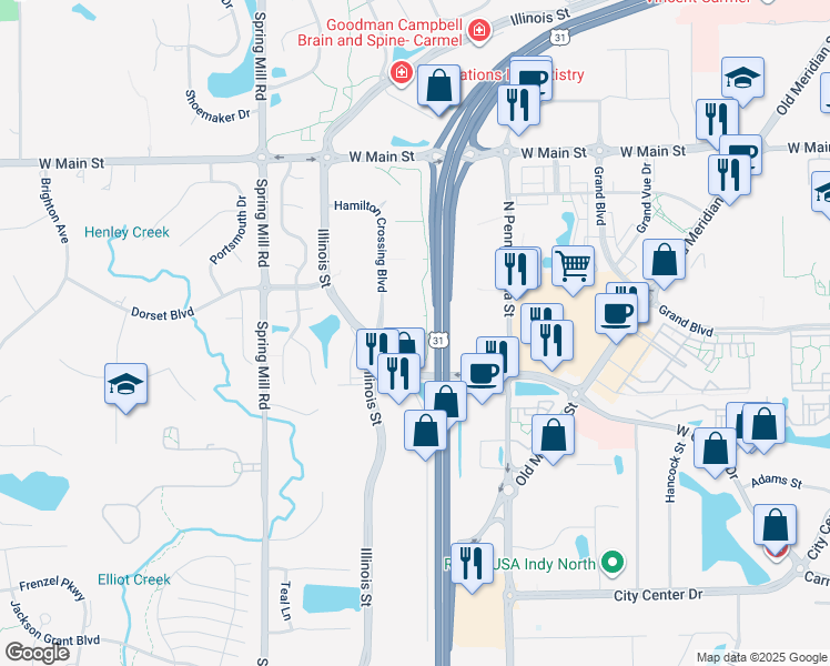 map of restaurants, bars, coffee shops, grocery stores, and more near 12650 N Meridian St in Carmel