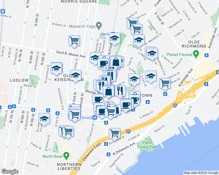 map of restaurants, bars, coffee shops, grocery stores, and more near 1405 Frankford Avenue in Philadelphia