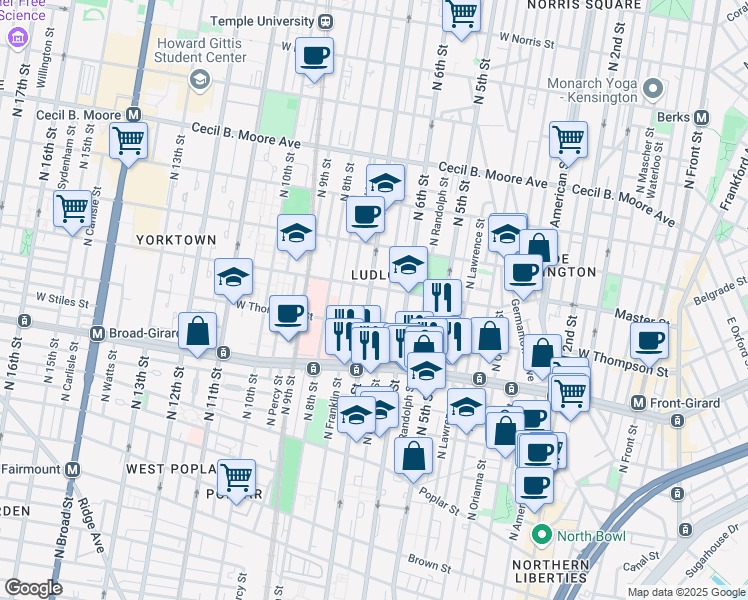 map of restaurants, bars, coffee shops, grocery stores, and more near 1335 North 7th Street in Philadelphia