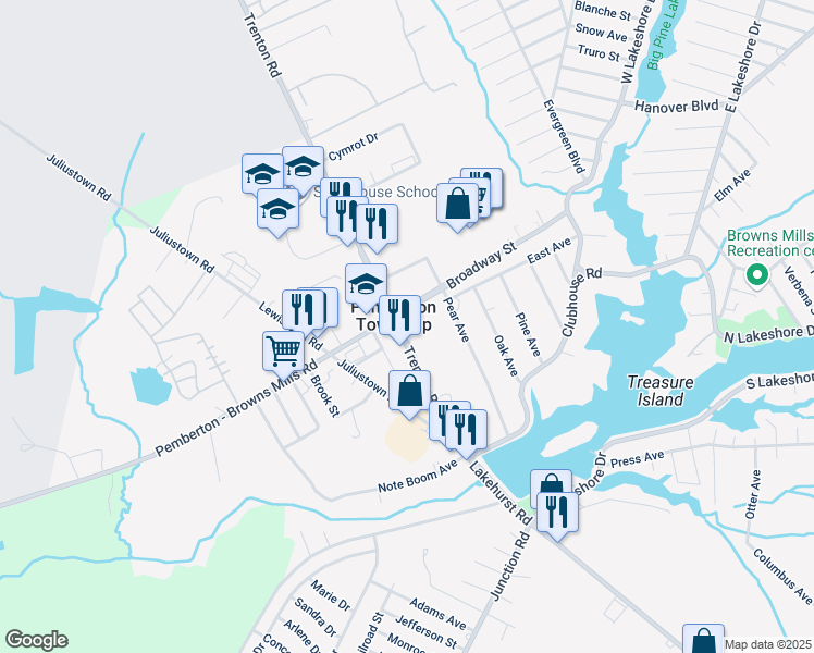map of restaurants, bars, coffee shops, grocery stores, and more near 43 Trenton Road in Browns Mills
