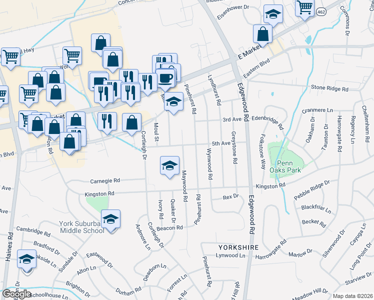 map of restaurants, bars, coffee shops, grocery stores, and more near 311 Maywood Road in East York