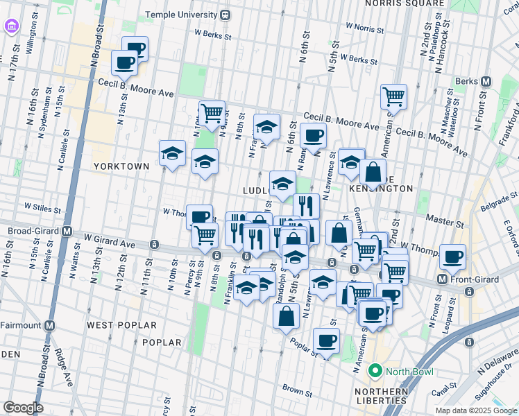 map of restaurants, bars, coffee shops, grocery stores, and more near 1335 North 7th Street in Philadelphia