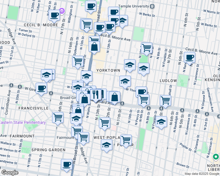 map of restaurants, bars, coffee shops, grocery stores, and more near 1248 North 12th Street in Philadelphia