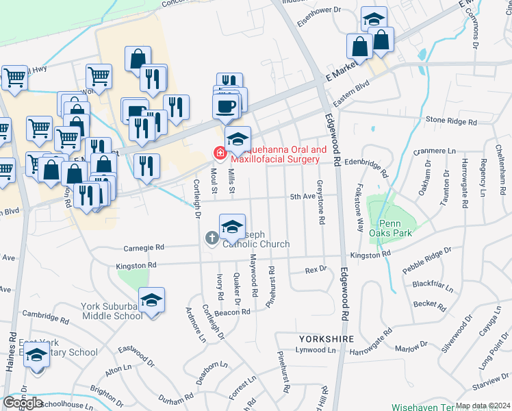 map of restaurants, bars, coffee shops, grocery stores, and more near 303 Maywood Road in York
