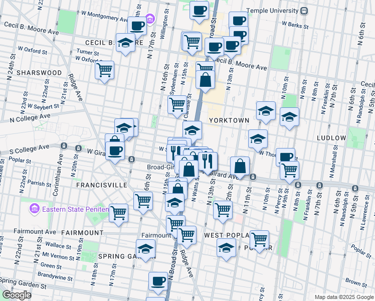 map of restaurants, bars, coffee shops, grocery stores, and more near in Philadelphia