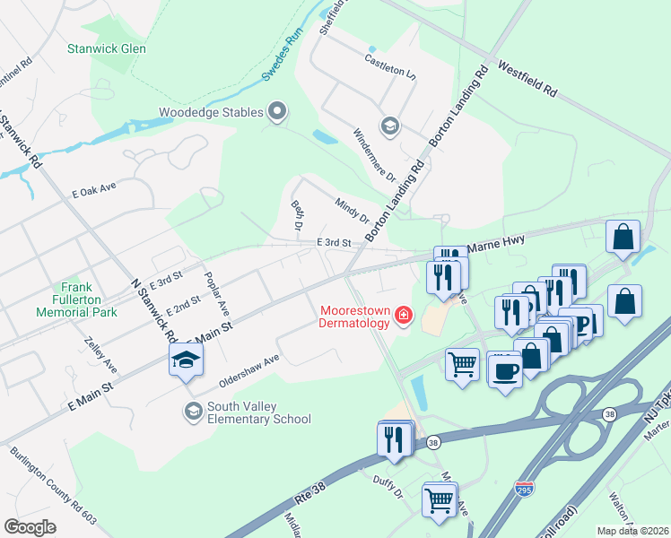 map of restaurants, bars, coffee shops, grocery stores, and more near 100 Marter Avenue in Moorestown
