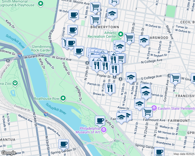 map of restaurants, bars, coffee shops, grocery stores, and more near 881 North 28th Street in Philadelphia