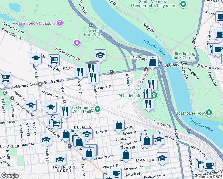 map of restaurants, bars, coffee shops, grocery stores, and more near 3907 Wyalusing Avenue in Philadelphia