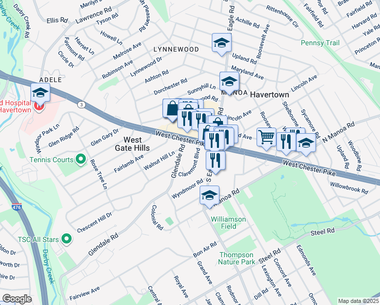 map of restaurants, bars, coffee shops, grocery stores, and more near 12 Claremont Boulevard in Havertown