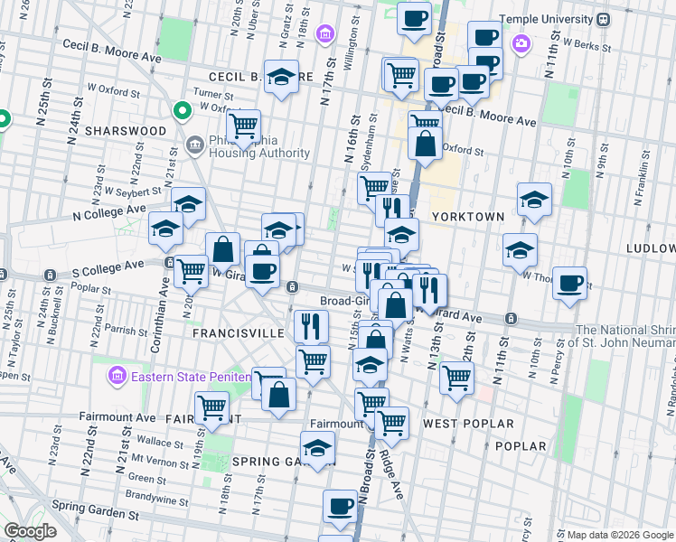 map of restaurants, bars, coffee shops, grocery stores, and more near 1521 West Girard Avenue in Philadelphia