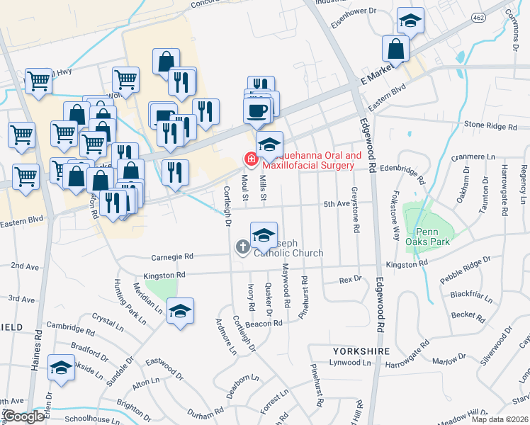 map of restaurants, bars, coffee shops, grocery stores, and more near 2960 5th Avenue in East York