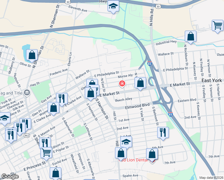 map of restaurants, bars, coffee shops, grocery stores, and more near 1400 East Market Street in York