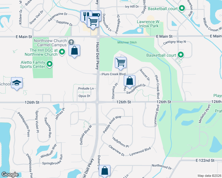 map of restaurants, bars, coffee shops, grocery stores, and more near 12608 Stanwich Place in Carmel