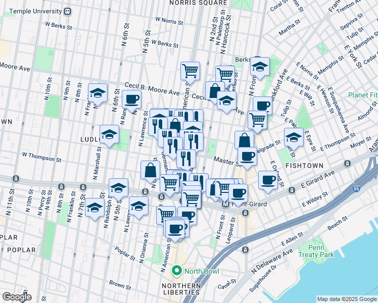 map of restaurants, bars, coffee shops, grocery stores, and more near 211 Master Street in Philadelphia