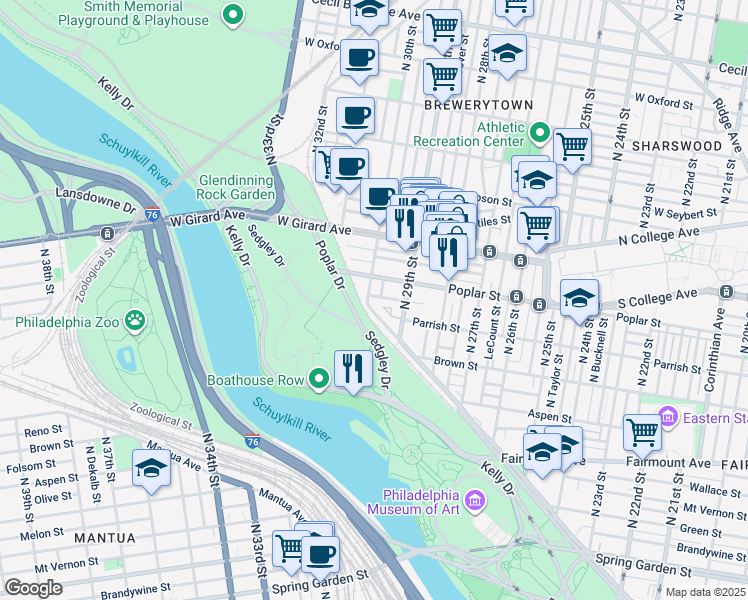 map of restaurants, bars, coffee shops, grocery stores, and more near 2942 Ogden Street in Philadelphia