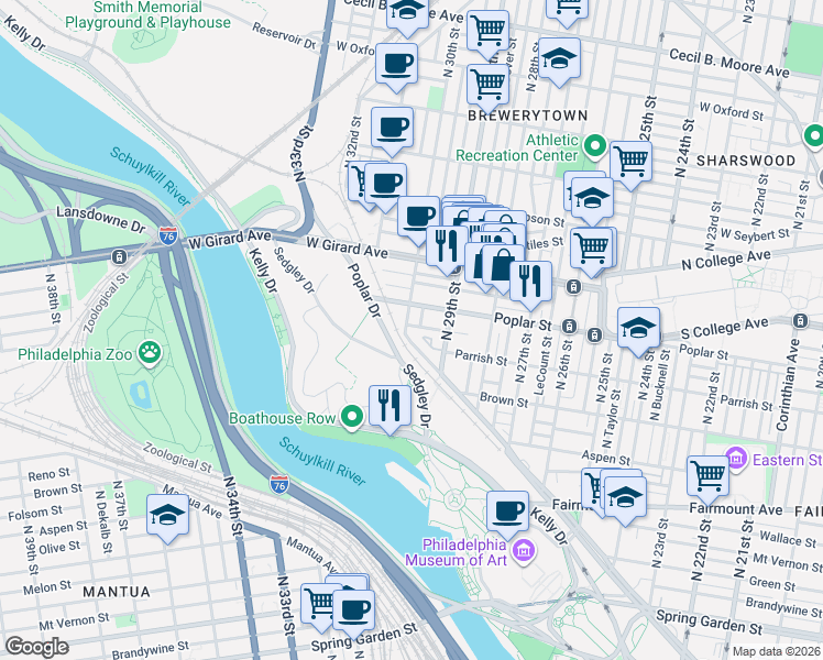 map of restaurants, bars, coffee shops, grocery stores, and more near 2947 Pennsylvania Avenue in Philadelphia