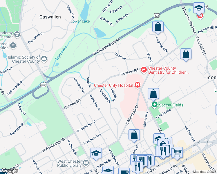 map of restaurants, bars, coffee shops, grocery stores, and more near 720 Hillside Drive in West Chester