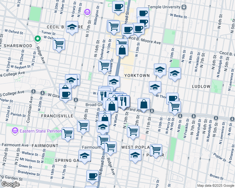 map of restaurants, bars, coffee shops, grocery stores, and more near in Philadelphia