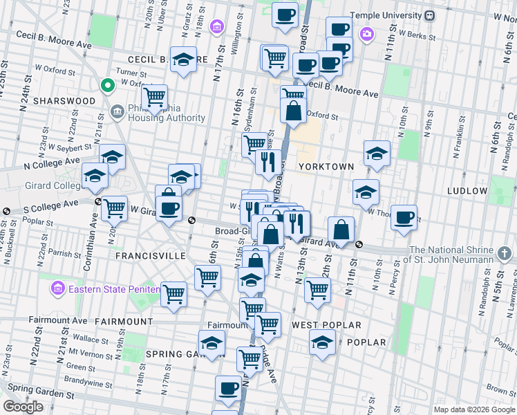 map of restaurants, bars, coffee shops, grocery stores, and more near 1403 West Flora Street in Philadelphia