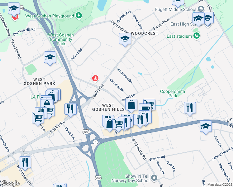 map of restaurants, bars, coffee shops, grocery stores, and more near 204 North 5 Points Road in West Chester
