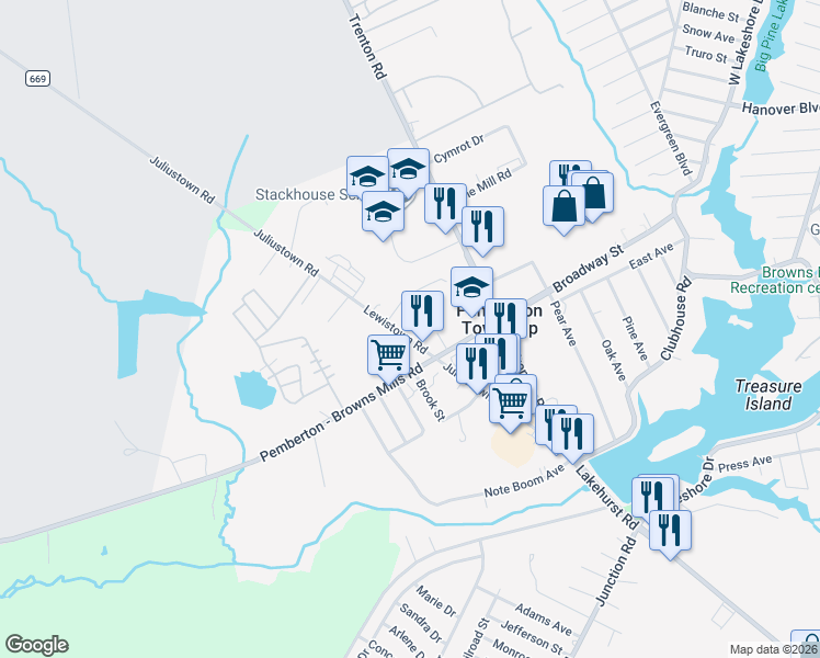 map of restaurants, bars, coffee shops, grocery stores, and more near 100 Pemberton Browns Mills Road in Pemberton Township