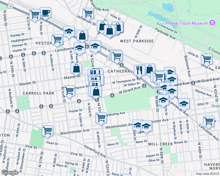 map of restaurants, bars, coffee shops, grocery stores, and more near 5107 West Stiles Street in Philadelphia