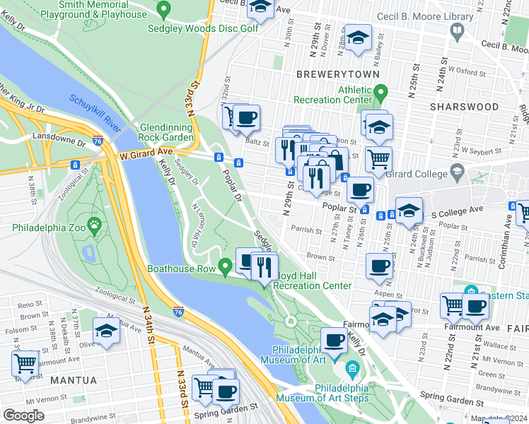 map of restaurants, bars, coffee shops, grocery stores, and more near 2942 Ogden Street in Philadelphia