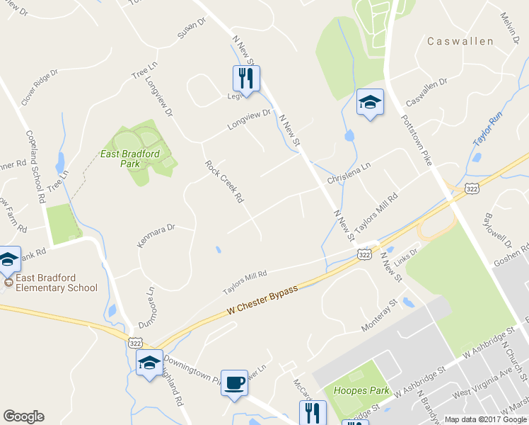 map of restaurants, bars, coffee shops, grocery stores, and more near 420 Chrislena Lane in West Chester
