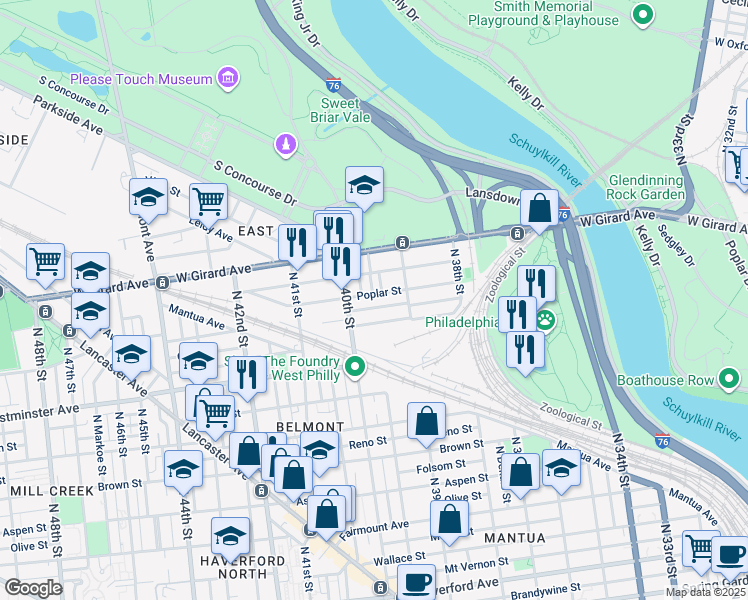 map of restaurants, bars, coffee shops, grocery stores, and more near 3946 Poplar Street in Philadelphia