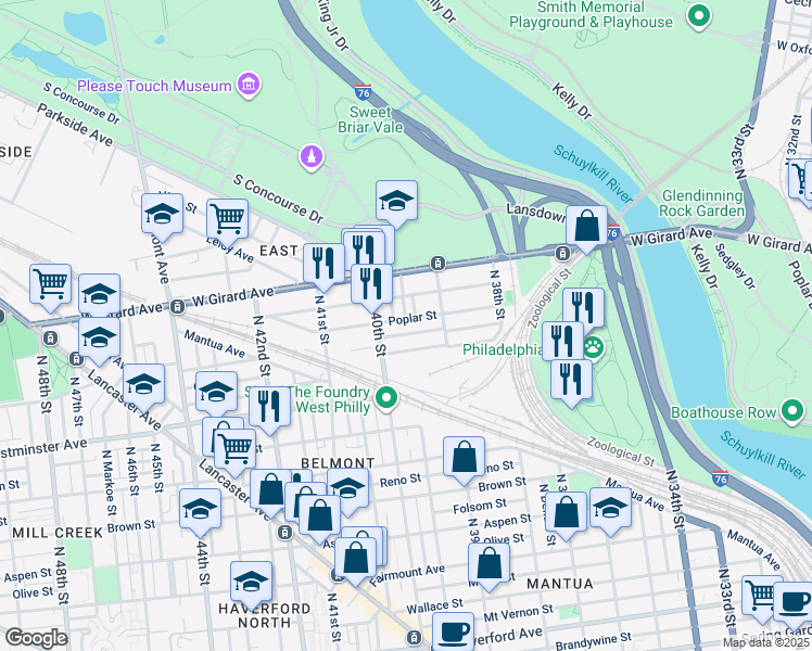 map of restaurants, bars, coffee shops, grocery stores, and more near 3948 Poplar Street in Philadelphia