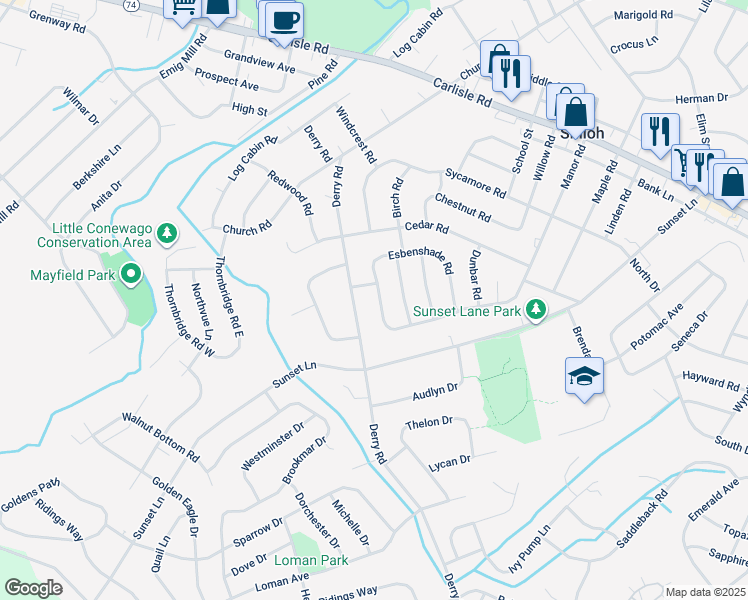 map of restaurants, bars, coffee shops, grocery stores, and more near 2556 Manor Road in York