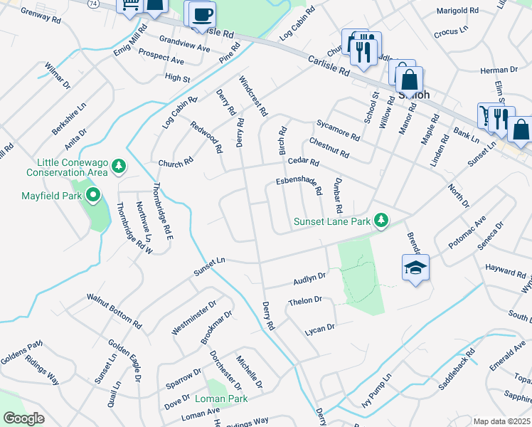 map of restaurants, bars, coffee shops, grocery stores, and more near 2556 Manor Road in York