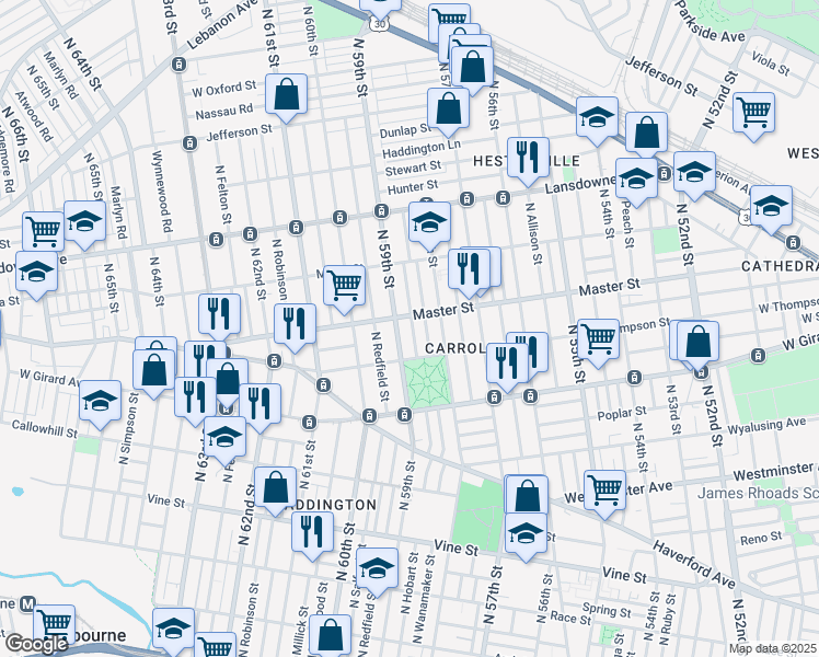 map of restaurants, bars, coffee shops, grocery stores, and more near 1340 North Hobart Street in Philadelphia