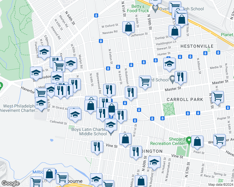 map of restaurants, bars, coffee shops, grocery stores, and more near 1412 North Hirst Street in Philadelphia