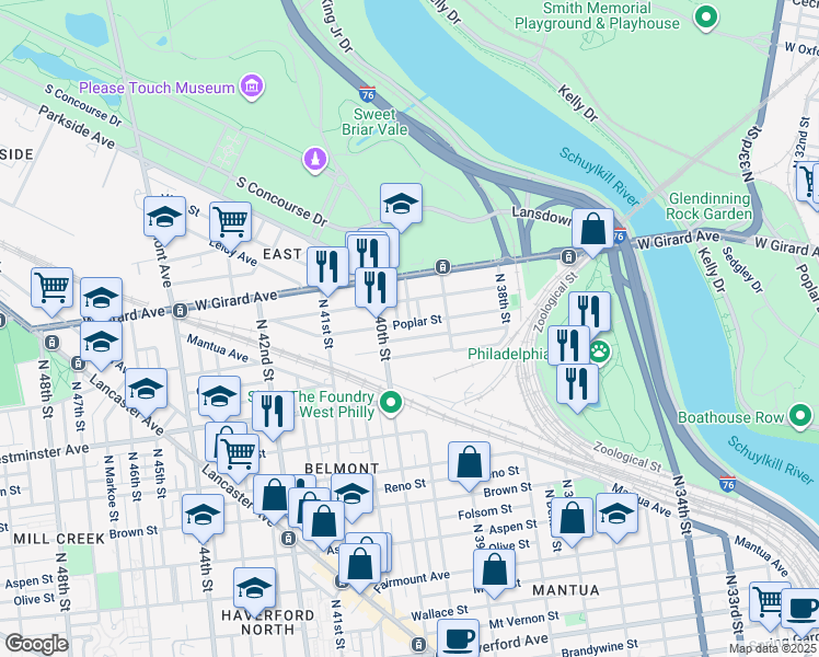 map of restaurants, bars, coffee shops, grocery stores, and more near 3946 Poplar Street in Philadelphia