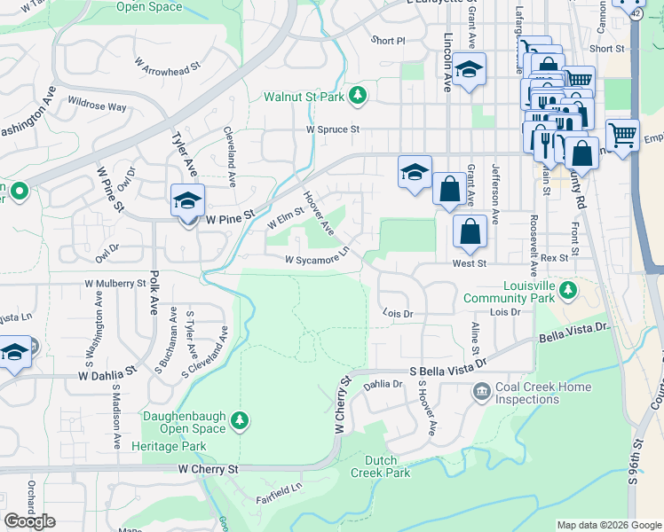 map of restaurants, bars, coffee shops, grocery stores, and more near 198 West Sycamore Lane in Louisville