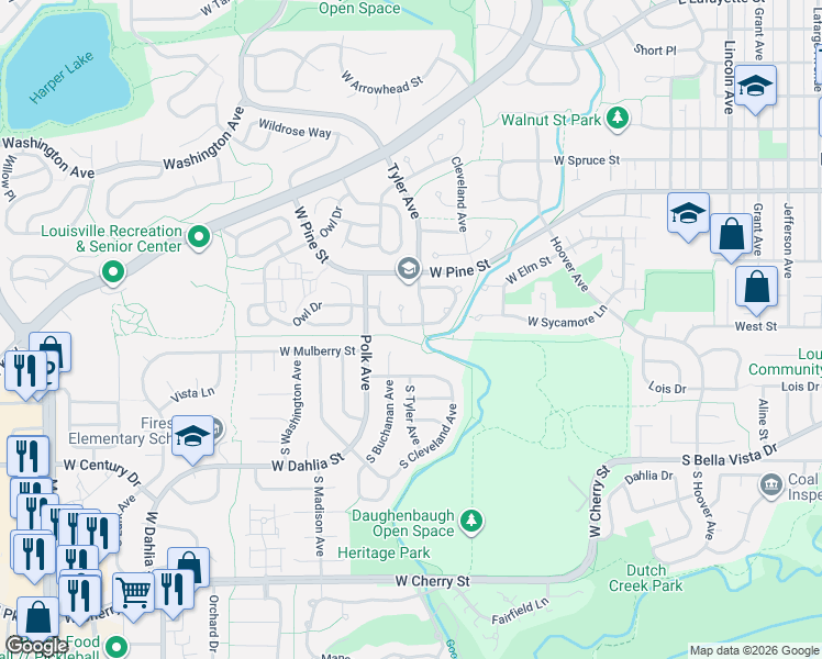 map of restaurants, bars, coffee shops, grocery stores, and more near 118 South Buchanan Court in Louisville