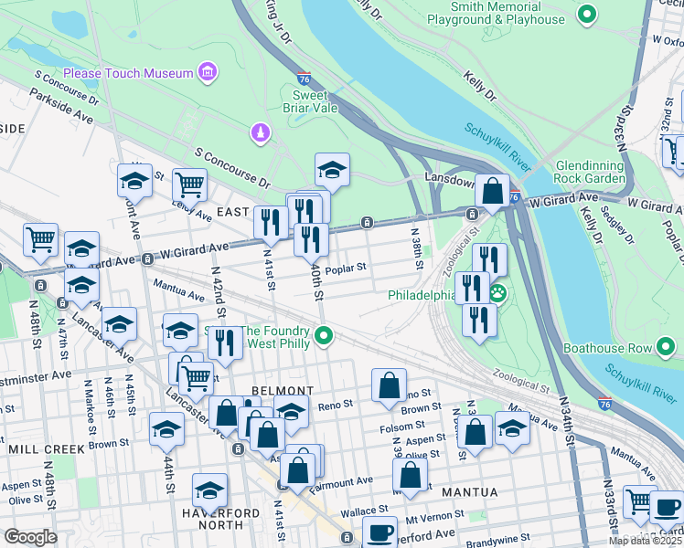 map of restaurants, bars, coffee shops, grocery stores, and more near 3944 Poplar Street in Philadelphia
