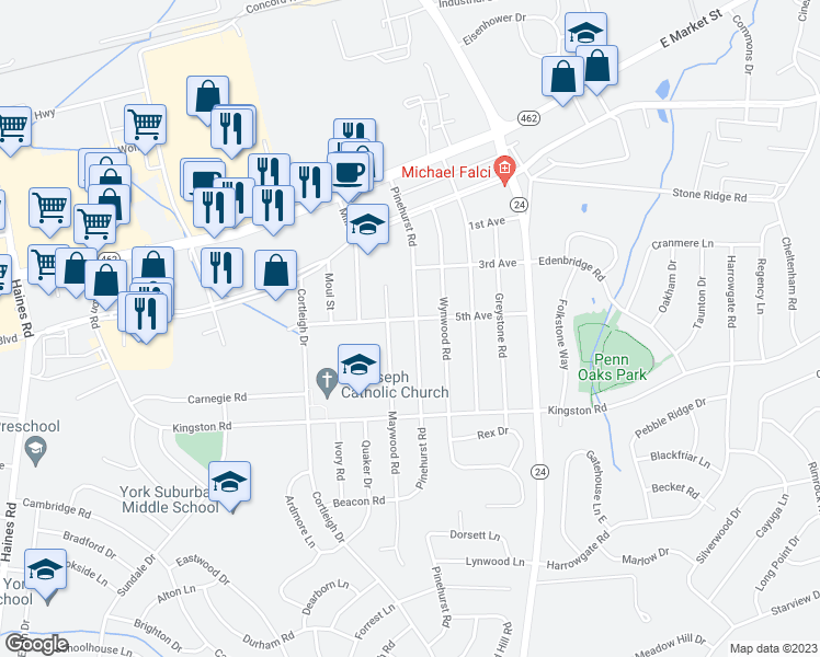 map of restaurants, bars, coffee shops, grocery stores, and more near 302 Pinehurst Road in East York