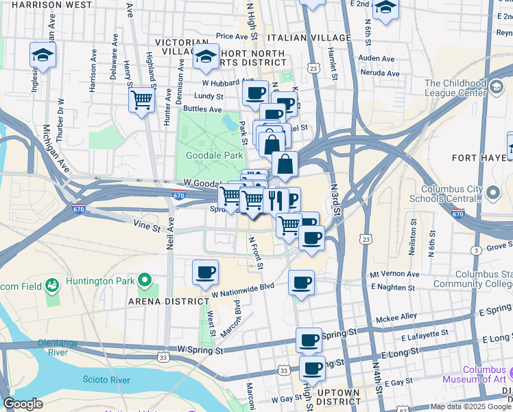map of restaurants, bars, coffee shops, grocery stores, and more near 59 Spruce Street in Columbus
