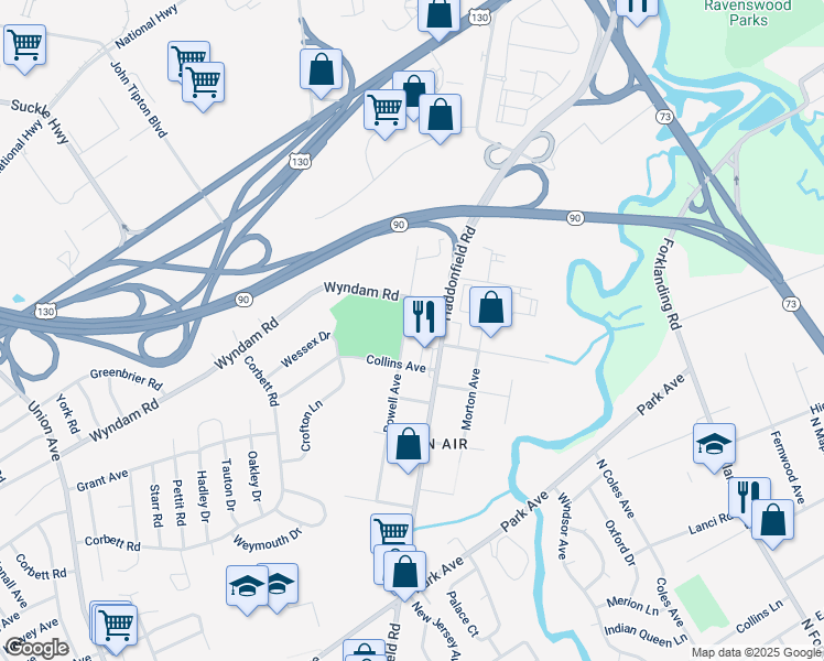 map of restaurants, bars, coffee shops, grocery stores, and more near 2644 Powell Avenue in Pennsauken