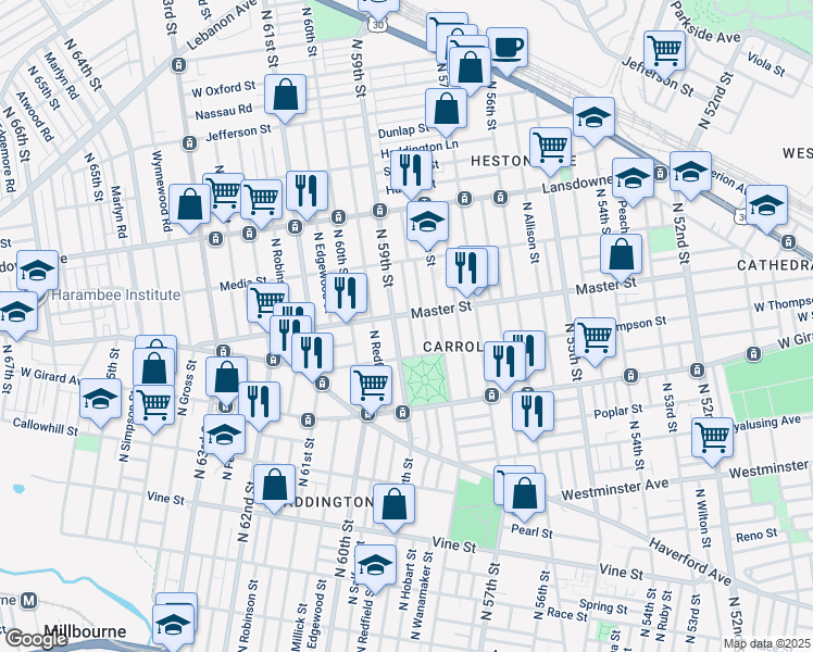 map of restaurants, bars, coffee shops, grocery stores, and more near 1340 North Hobart Street in Philadelphia