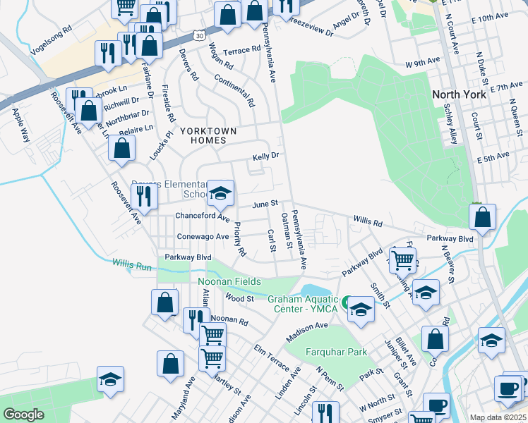 map of restaurants, bars, coffee shops, grocery stores, and more near 806 Carl Street in York