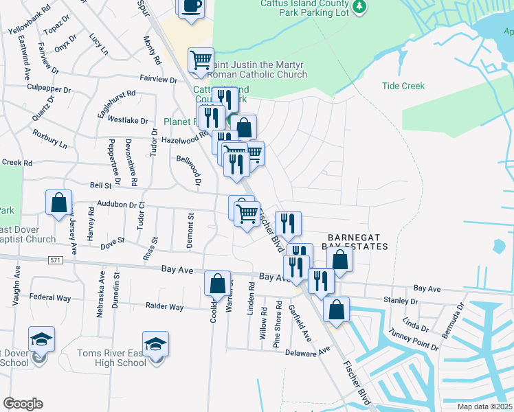 map of restaurants, bars, coffee shops, grocery stores, and more near 864 Fischer Boulevard in Toms River
