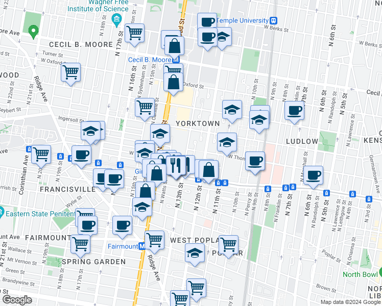 map of restaurants, bars, coffee shops, grocery stores, and more near 1226 West Thompson Street in Philadelphia